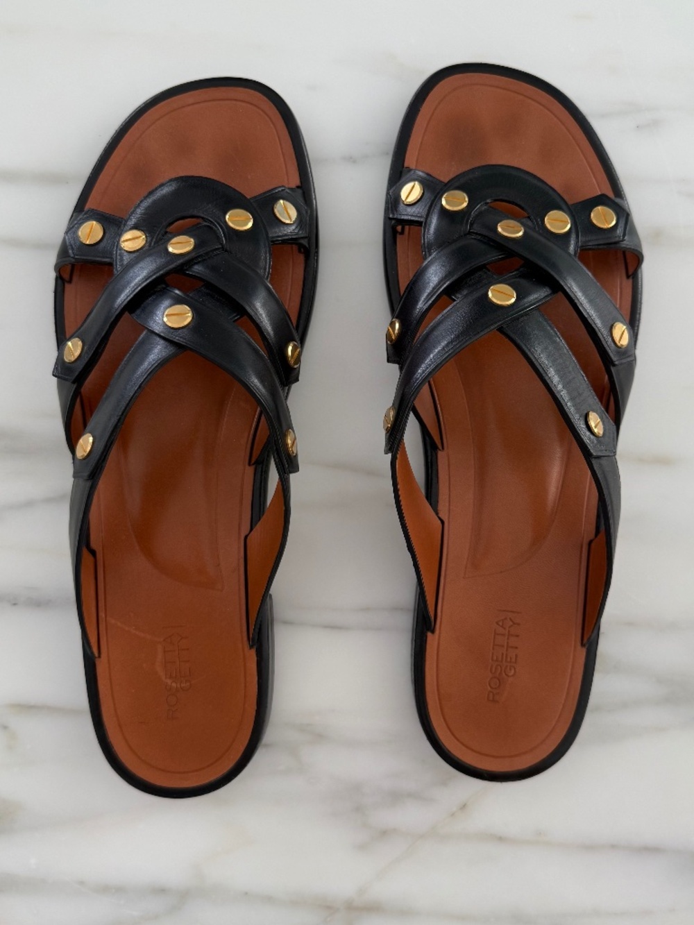 Rosetta Getty Black Leather Studded Crossover Flat Sandals — Size 10 / IT 40